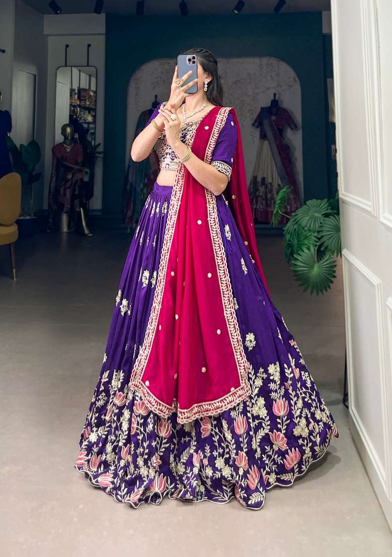Purple Embroidered Silk Blend Lehenga Set for Diwali and Festive Wear - Indya
