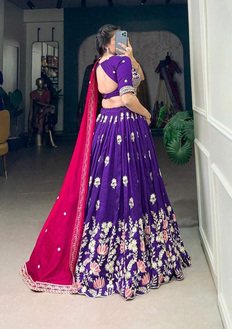 Purple Embroidered Silk Blend Lehenga Set - Indya