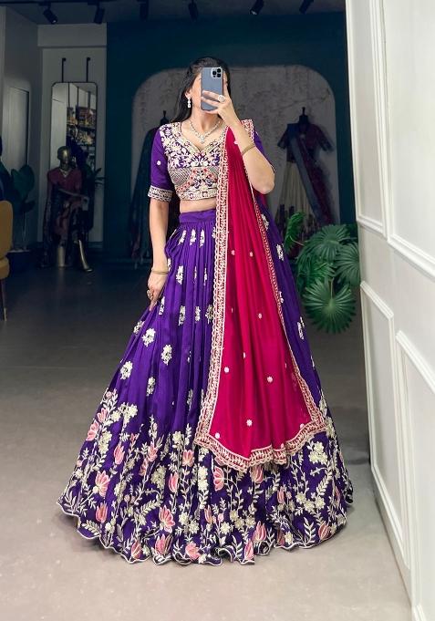 Purple Embroidered Silk Blend Lehenga Set