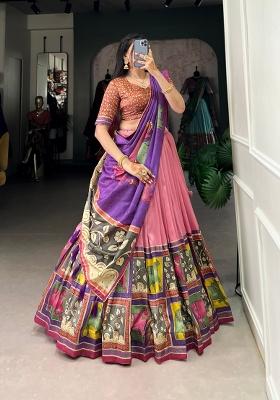 Peach Foil Work Silk Blend Lehenga Set