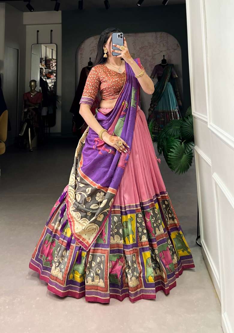 Peach Foil Work Silk Blend Lehenga Set for Diwali | Wedding & Festive Wear - Indya