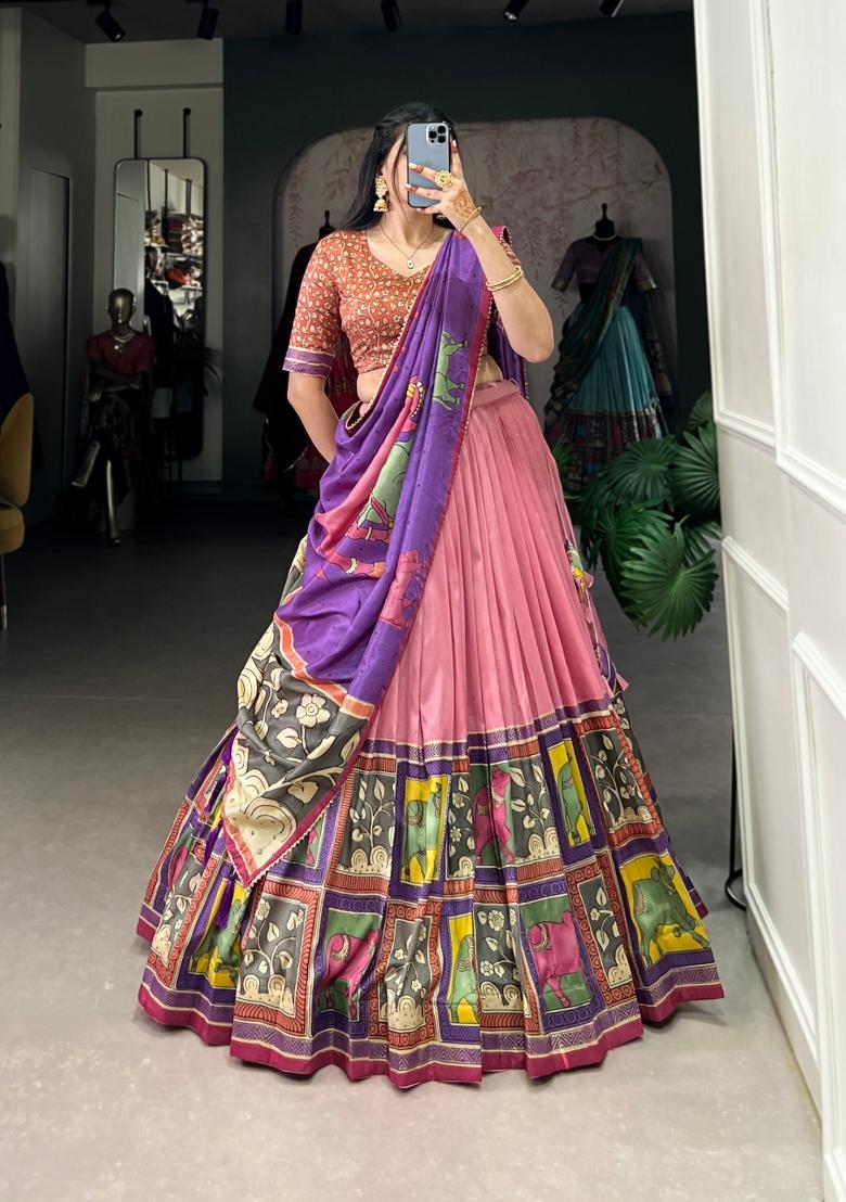 Peach Foil Work Silk Blend Lehenga Set - Indya