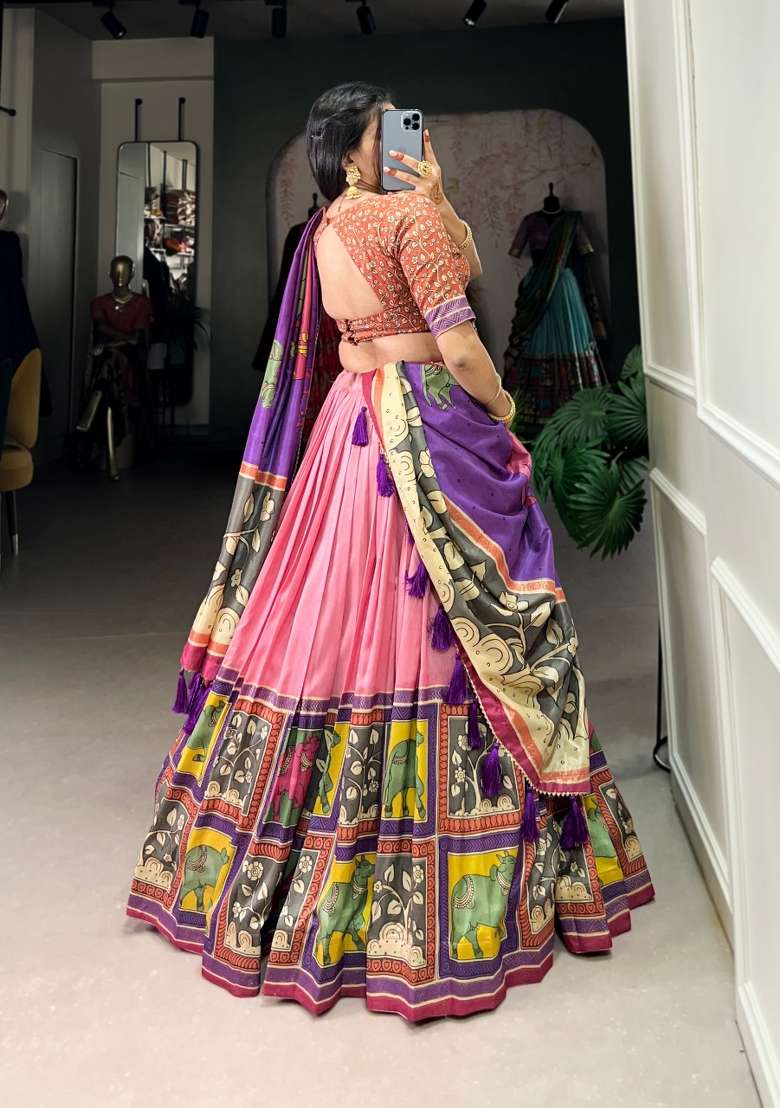 Peach Foil Work Silk Blend Lehenga Set for Diwali | Wedding & Festive Wear - Indya