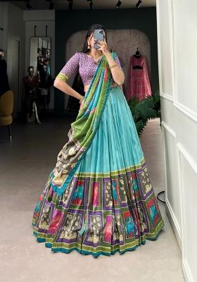 Sky Blue Foil Work Silk Blend Lehenga Set