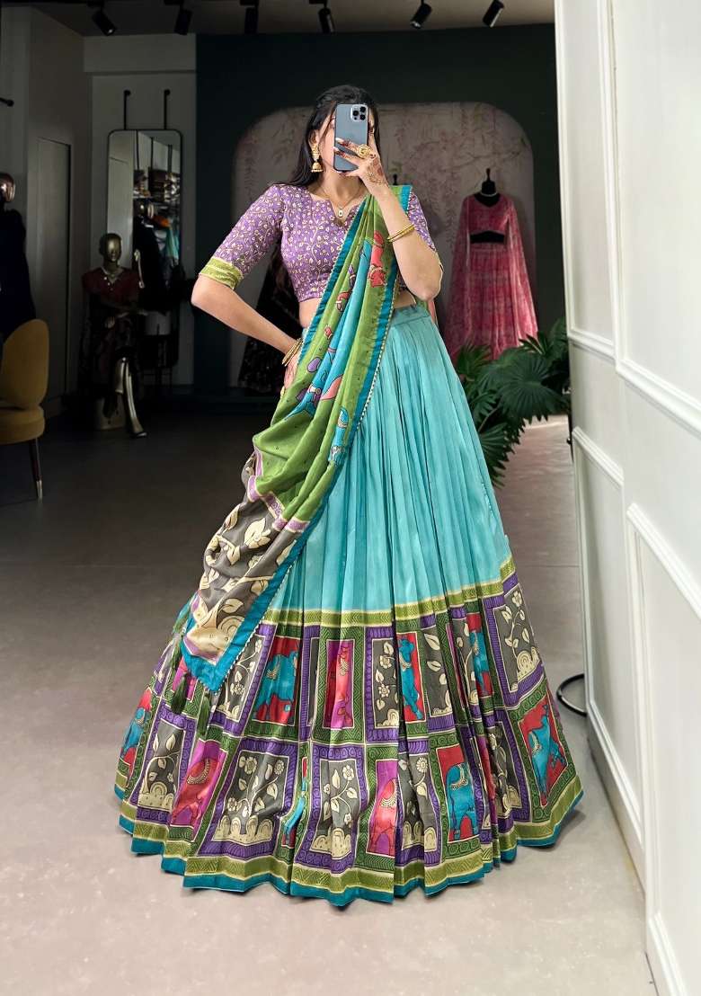 Sky Blue Foil Work Silk Blend Lehenga Set for Diwali | Wedding & Festive Wear - Indya