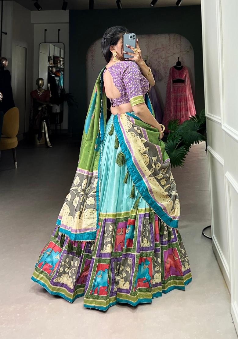 Sky Blue Foil Work Silk Blend Lehenga Set - Indya