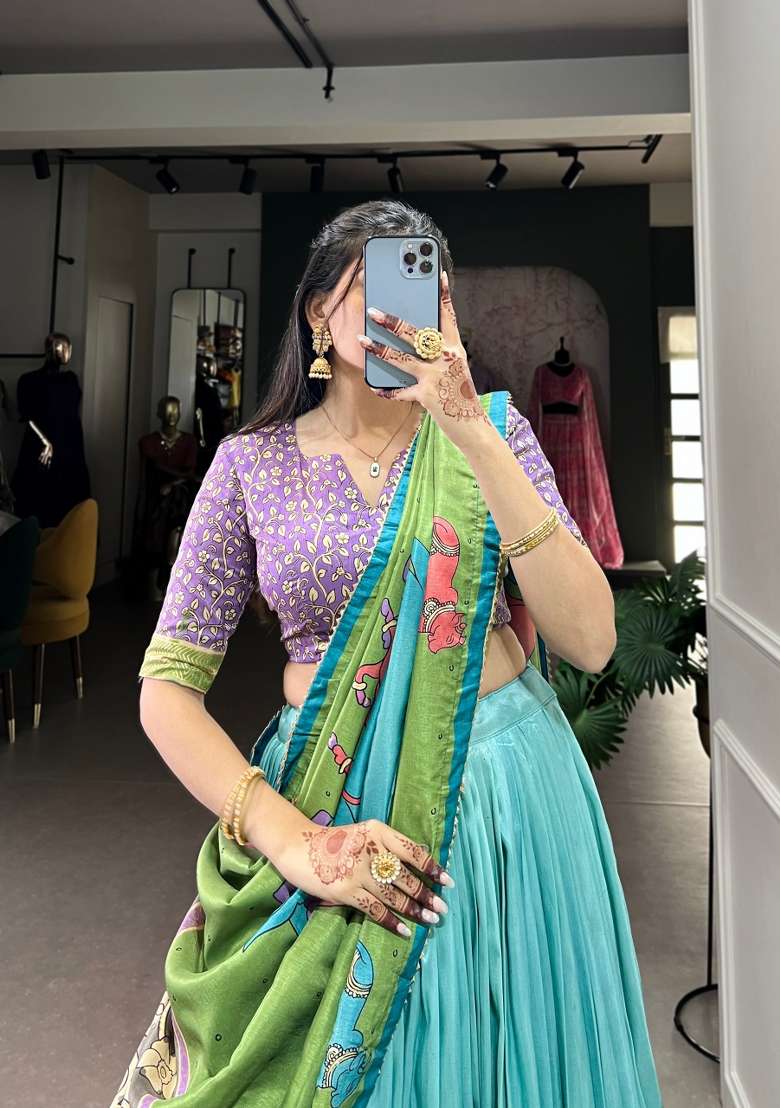 Sky Blue Foil Work Silk Blend Lehenga Set for Diwali | Wedding & Festive Wear - Indya