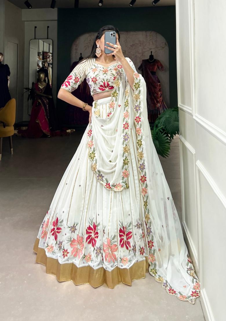 White Embroidered Cotton Lehenga Set - Indya