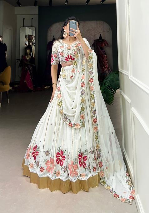 White Embroidered Cotton Lehenga Set