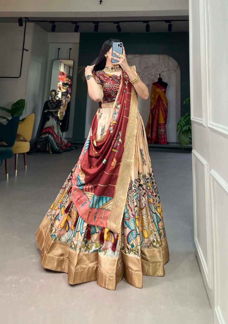 Cream Printed Silk Blend Lehenga Set - Indya