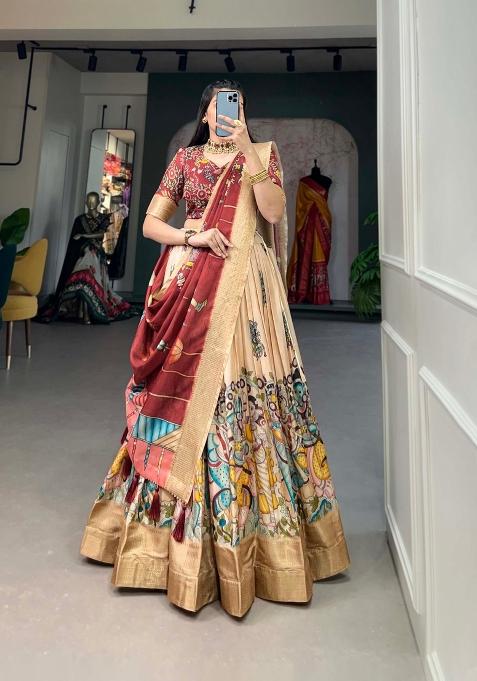 Cream Printed Silk Blend Lehenga Set
