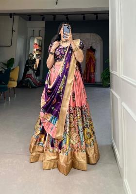 Peach Printed Silk Blend Lehenga Set