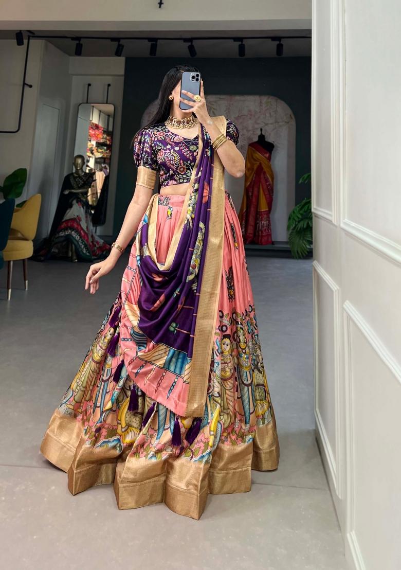 Peach Printed Silk Blend Lehenga Set - Indya