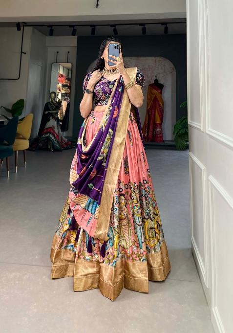 Peach Printed Silk Blend Lehenga Set