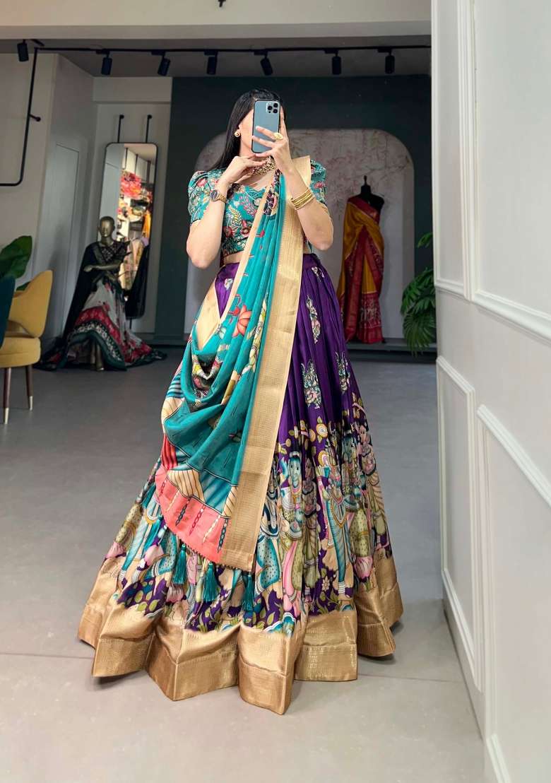 Purple Printed Silk Blend Lehenga Set - Indya