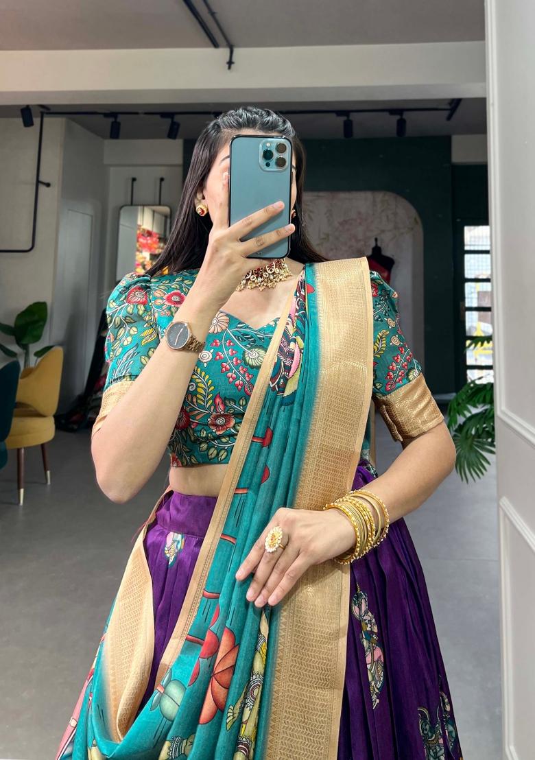 Purple Printed Silk Blend Lehenga Set - Indya