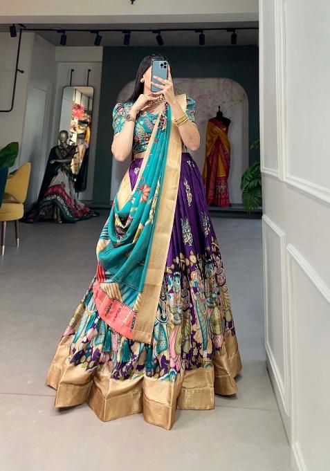 Purple Printed Silk Blend Lehenga Set