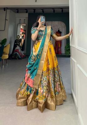 Yellow Printed Silk Blend Lehenga Set
