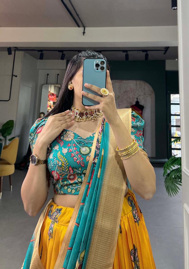 Yellow Printed Silk Blend Lehenga Set - Indya