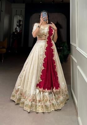 Beige Embroidered Silk Blend Lehenga Set