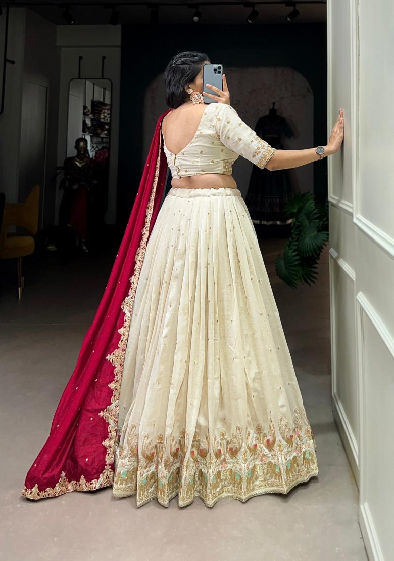 Beige Embroidered Silk Blend Lehenga Set - Indya