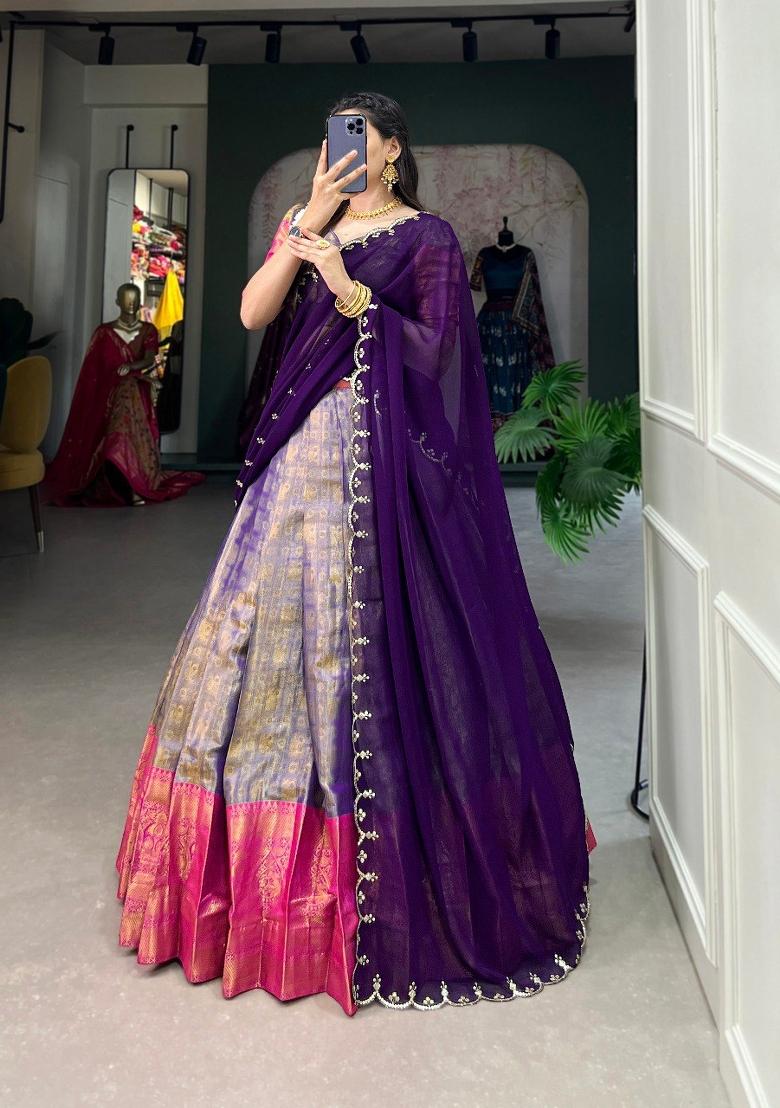 Blue Zari Work Cotton Lehenga Set - Indya