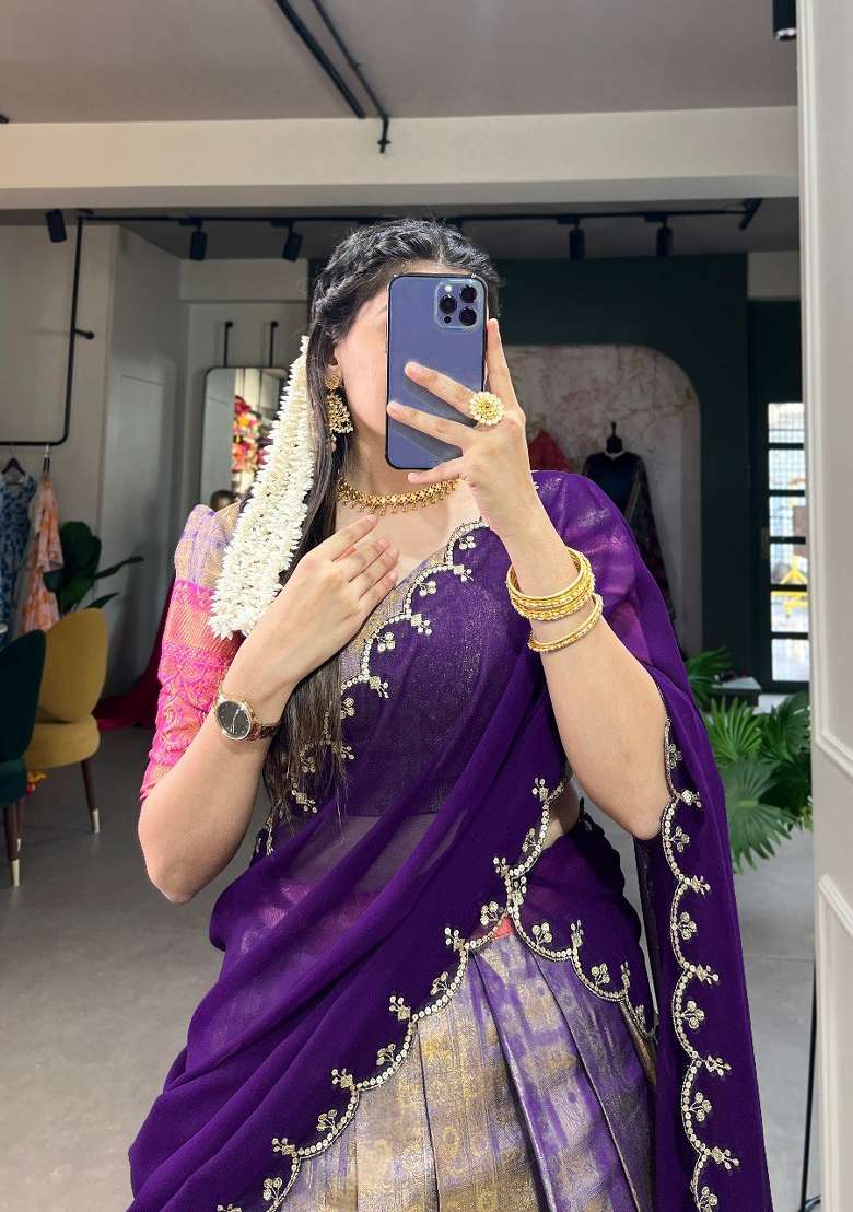 Blue Zari Work Cotton Lehenga Set for Diwali and Festive Wear - Indya