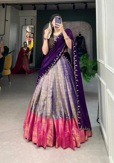 Blue Zari Work Cotton Lehenga Set