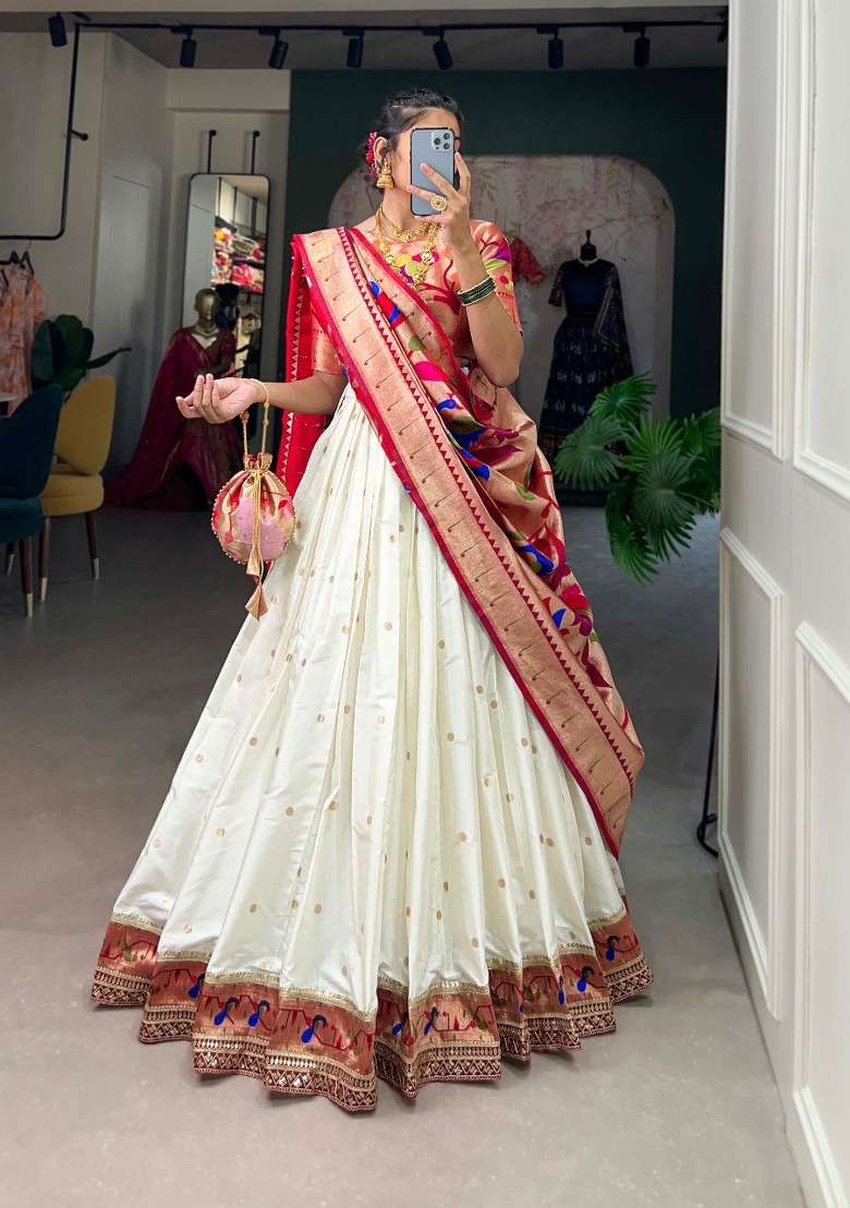 White Zari Work Silk Blend Lehenga Set for Diwali and Festive Wear - Indya