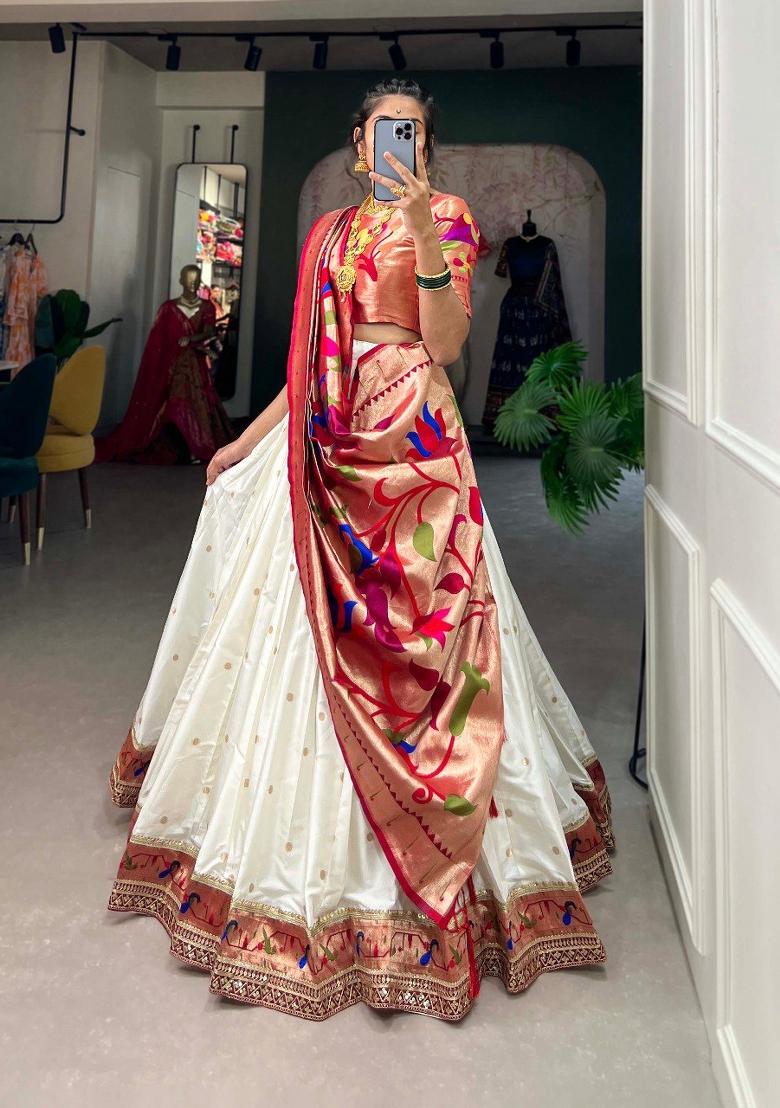 White Zari Work Silk Blend Lehenga Set - Indya