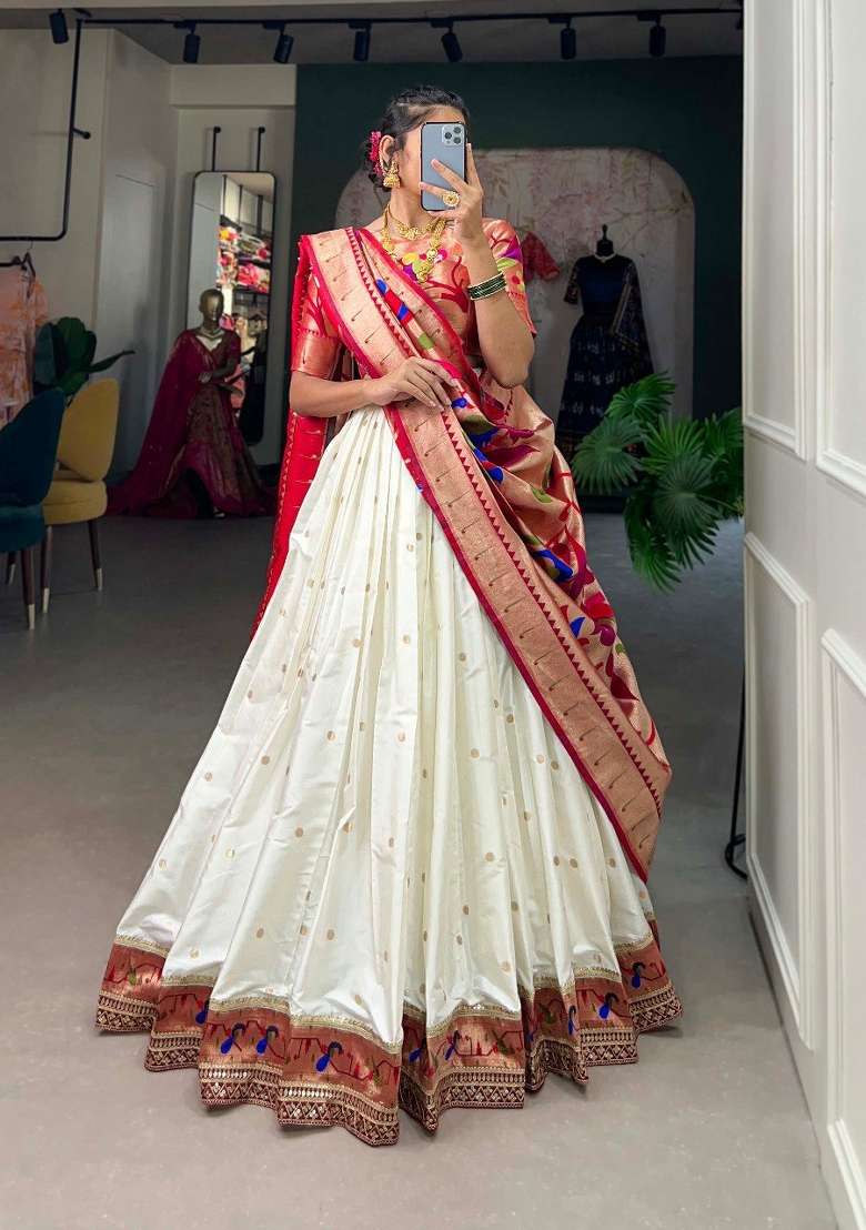 White Zari Work Silk Blend Lehenga Set for Diwali and Festive Wear - Indya