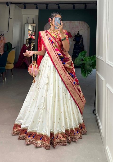 White Zari Work Silk Blend Lehenga Set