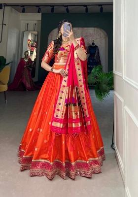 Orange Zari Work Silk Blend Lehenga Set