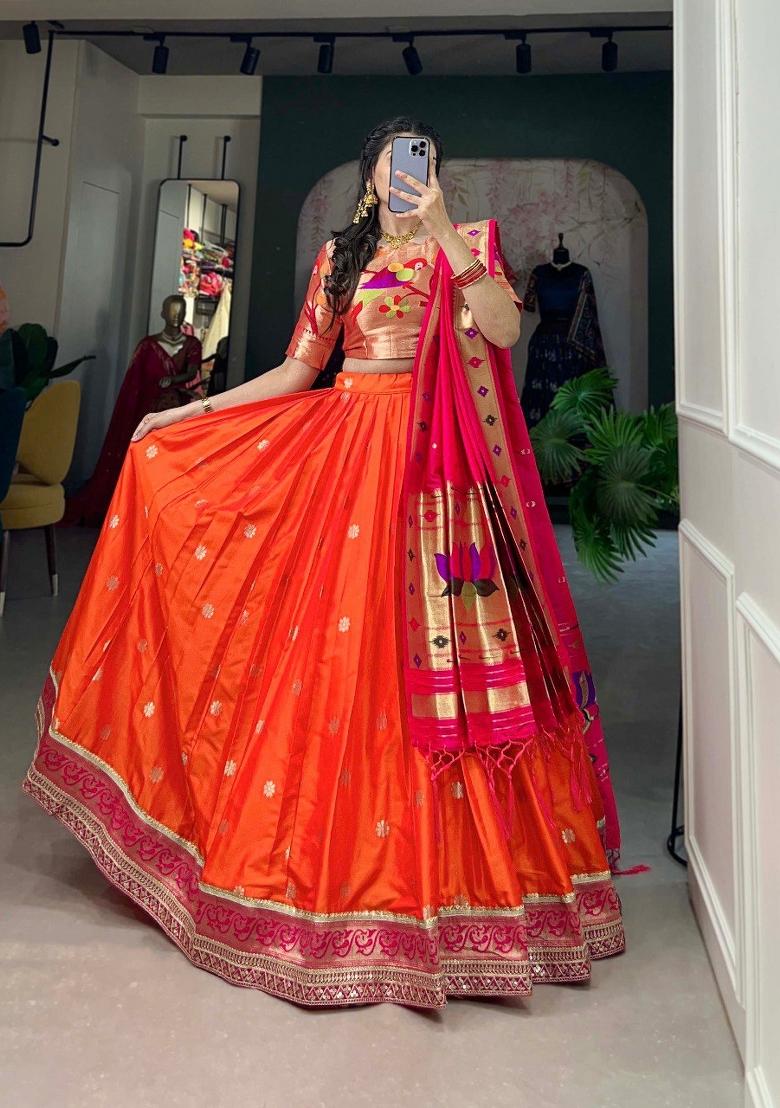 Orange Zari Work Silk Blend Lehenga Set - Indya