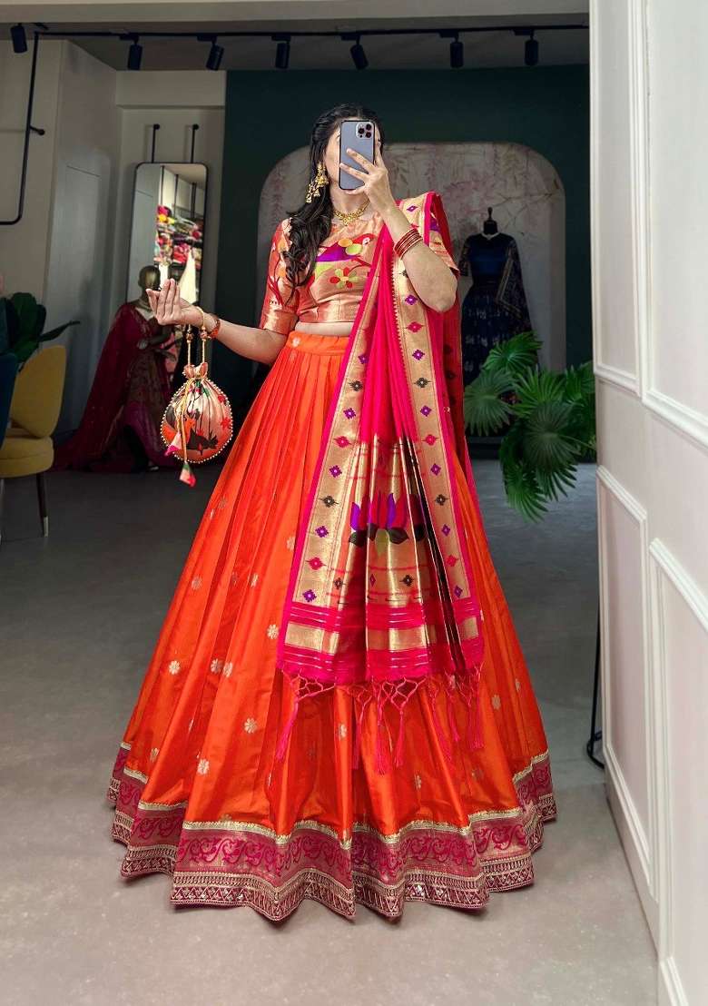 Orange Zari Work Silk Blend Lehenga Set for Diwali and Festive Wear - Indya