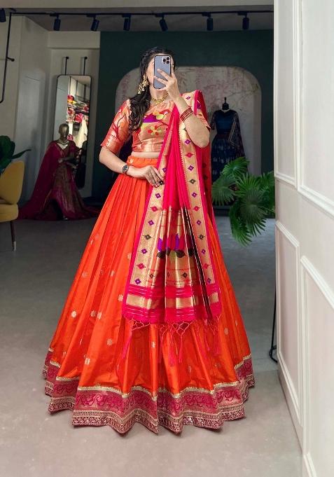 Orange Zari Work Silk Blend Lehenga Set
