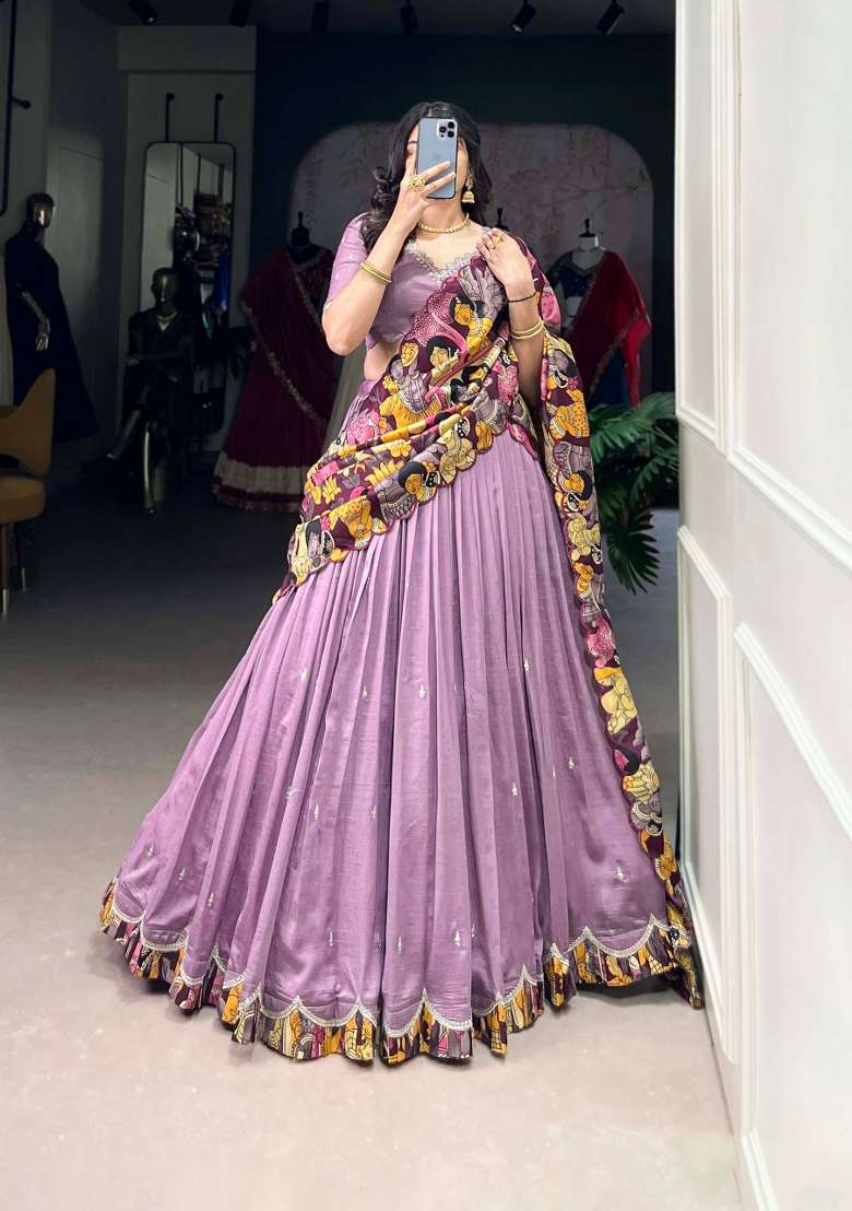 Lavender Silk Blend Lehenga Set with Embroidered for Diwali | Wedding & Festive Wear - Indya