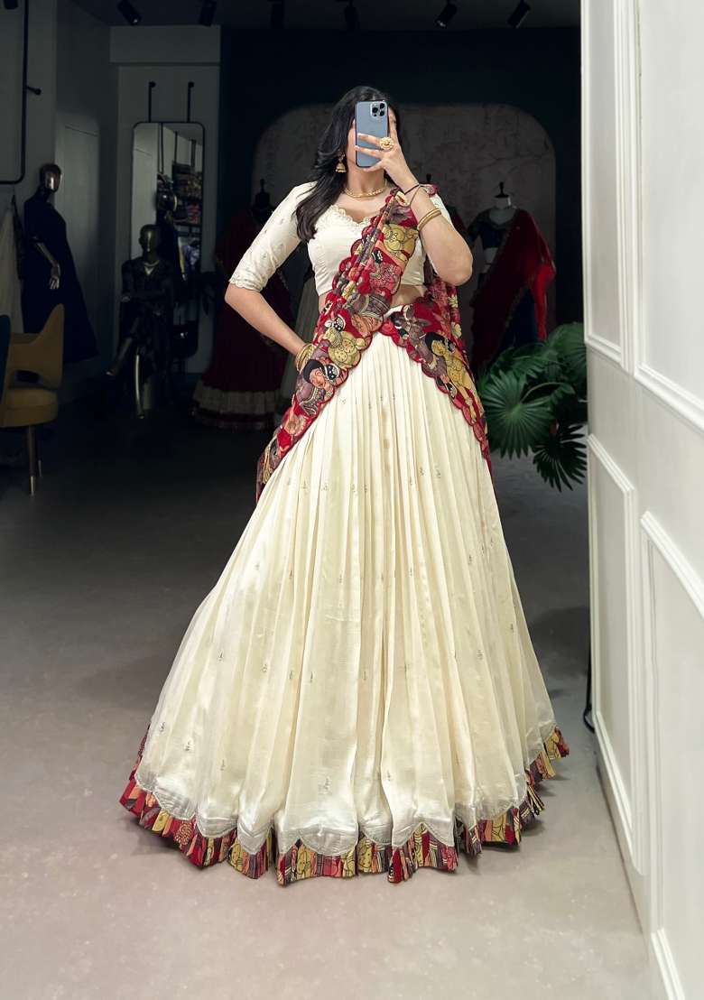 Off White Silk Blend Lehenga Set with Embroidered for Diwali | Wedding & Festive Wear - Indya