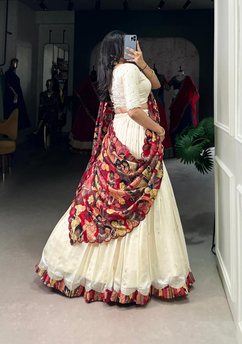 Off White Embroidered Silk Blend Lehenga Set - Indya