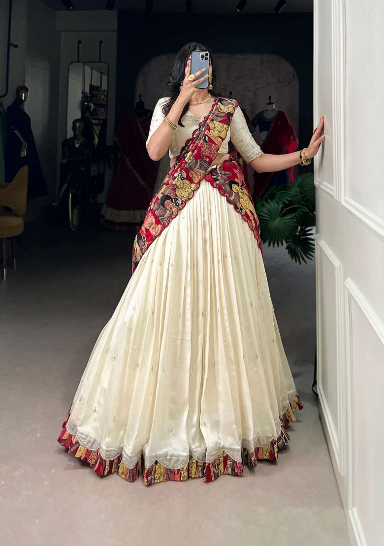 Off White Silk Blend Lehenga Set with Embroidered for Diwali | Wedding & Festive Wear - Indya