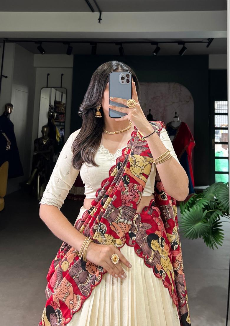 Off White Embroidered Silk Blend Lehenga Set - Indya