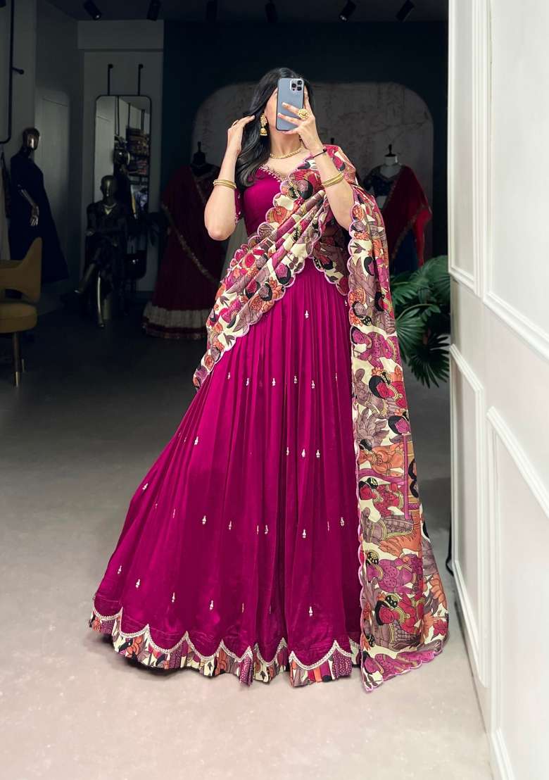 Pink Embroidered Silk Blend Lehenga Set for Diwali and Festive Wear - Indya
