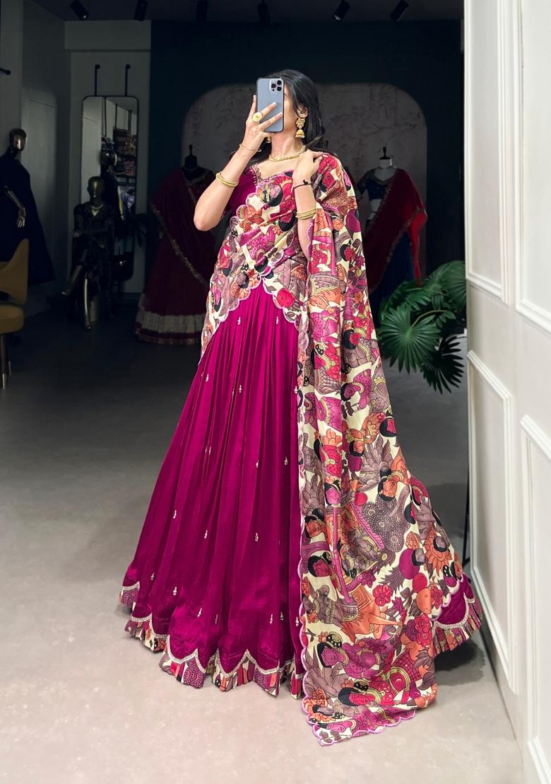 Pink Embroidered Silk Blend Lehenga Set - Indya