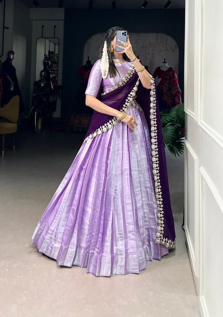 Lavender Weaving Work Silk Blend Lehenga Set - Indya