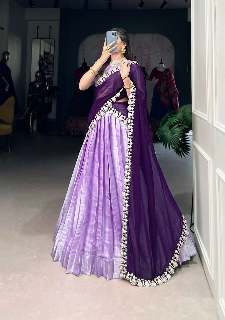 Lavender Weaving Work Silk Blend Lehenga Set for Diwali | Wedding & Festive Wear - Indya