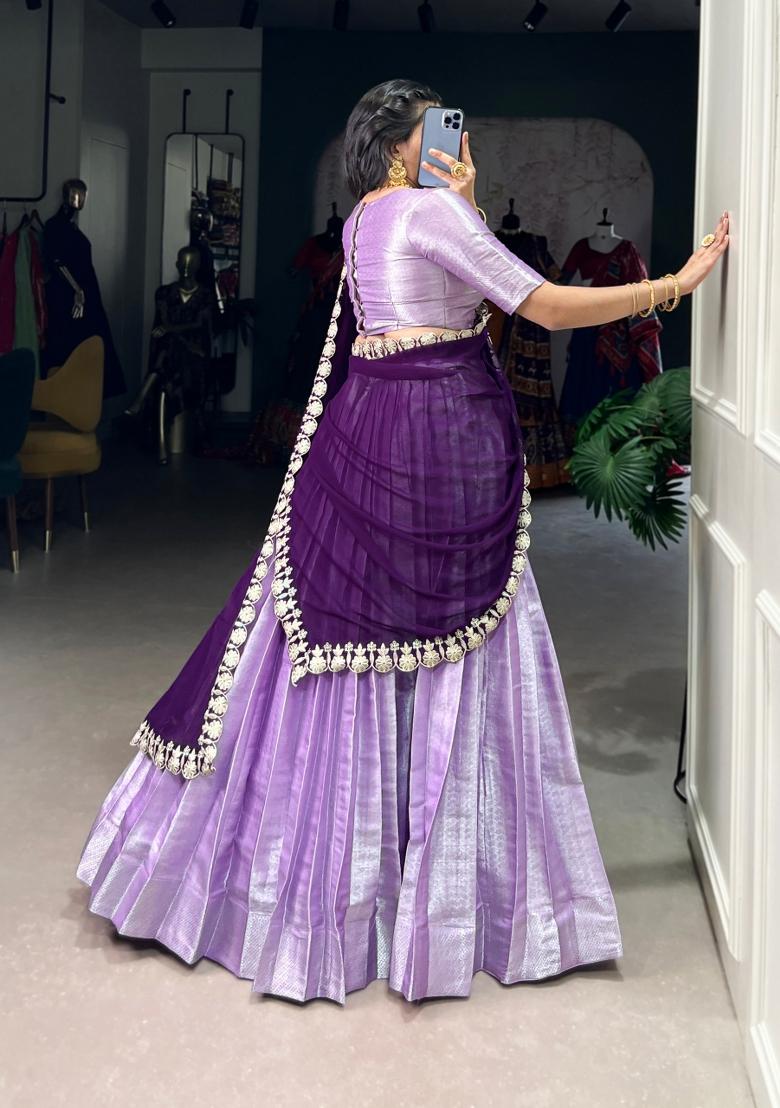 Lavender Weaving Work Silk Blend Lehenga Set - Indya