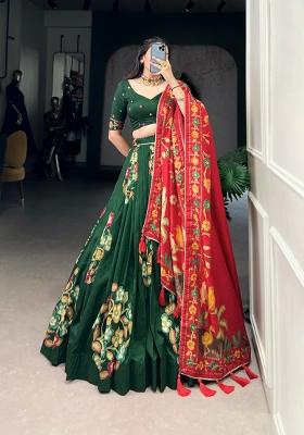 Green Printed Silk Blend Lehenga Set