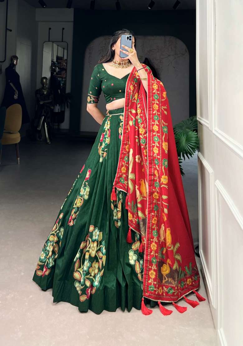Green Printed Silk Blend Lehenga Set for Diwali and Festive Wear - Indya