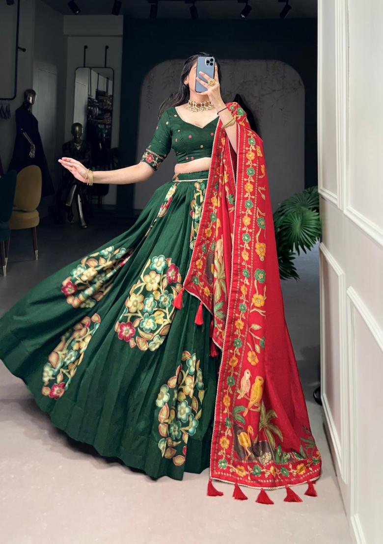 Green Printed Silk Blend Lehenga Set - Indya