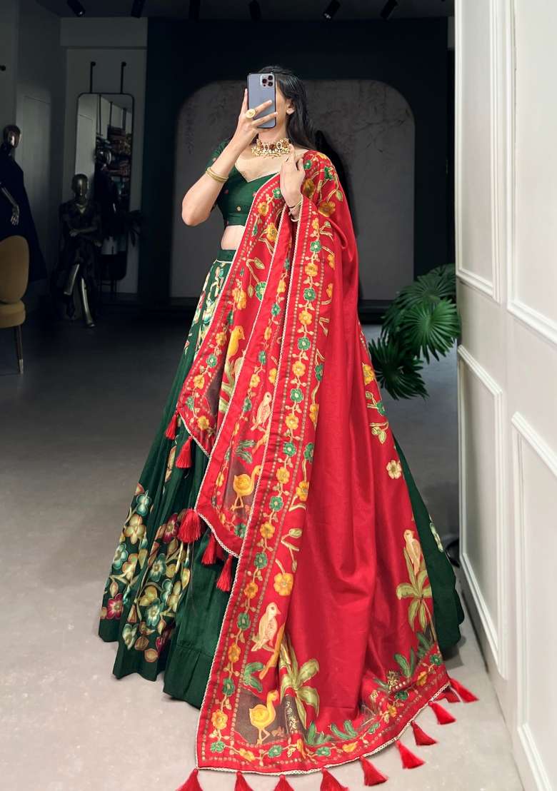Green Printed Silk Blend Lehenga Set for Diwali and Festive Wear - Indya